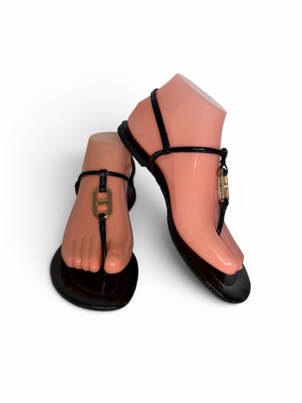 Tory Burch Black Patent Leather T Strap Sandals Gold Logo Thong size  7.5